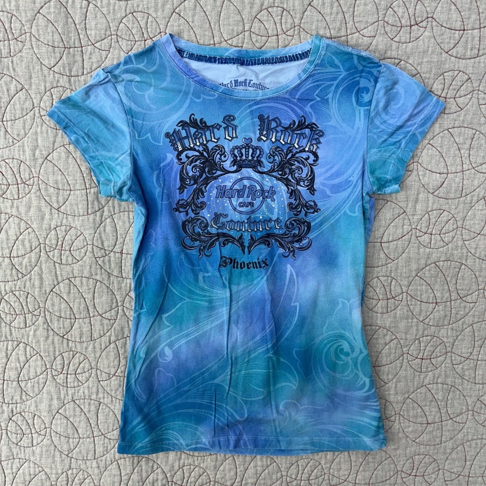 Hard Rock Couture T-Shirt Blue Tie Dye Rhinestone Phoenix / Womens Medium